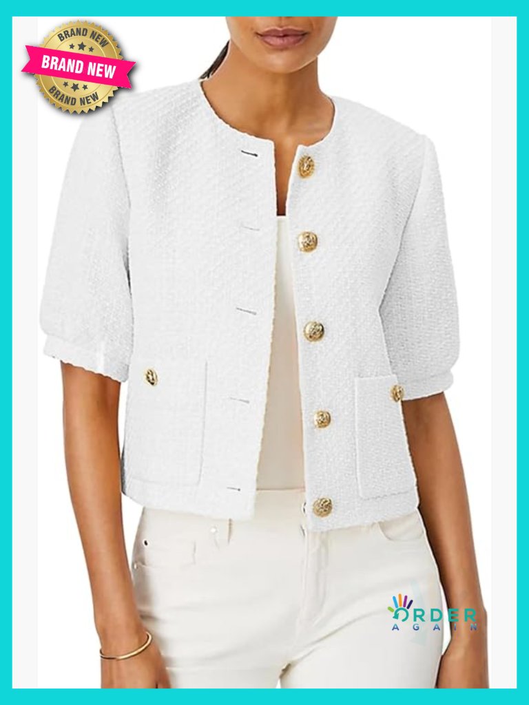 Puff Short Sleeve Tweed Blazer Cropped Open Front Slim Fit Office Jacket